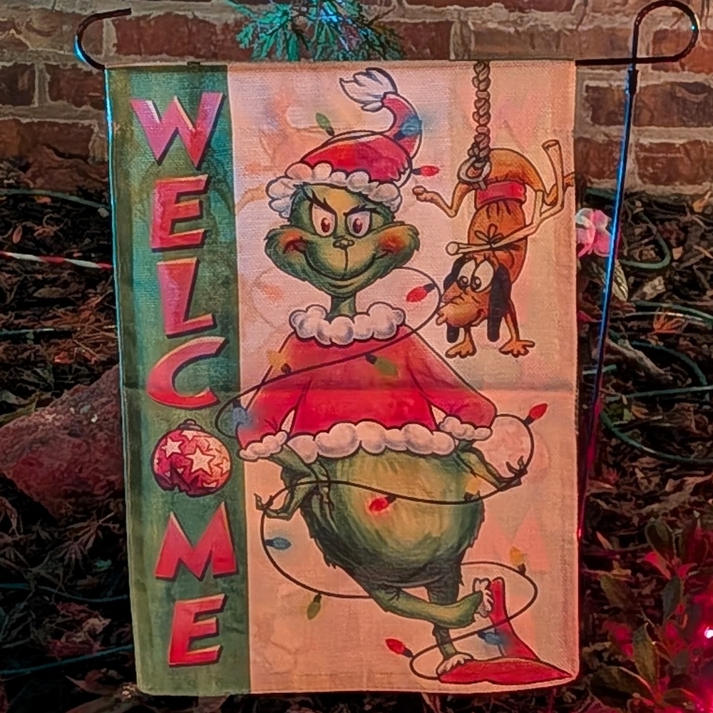 NEW Grinch Garden Flag Christmas Decoration Decor Xmas welcome green pink banner
